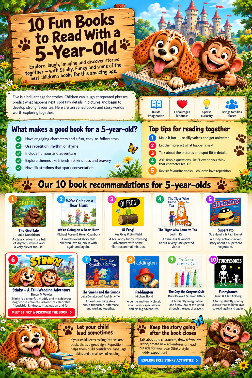 Stinky Adventures guide: 10 Fun Books to Read With a 5-Year-Old, featuring Stinky and Funky, reading tips, book recommendations and activities.